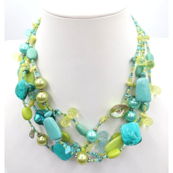 Lime Green & Faux Turquoise Multistrand Beaded Statement Choker Necklace Unsigne - Picture 1 of 5